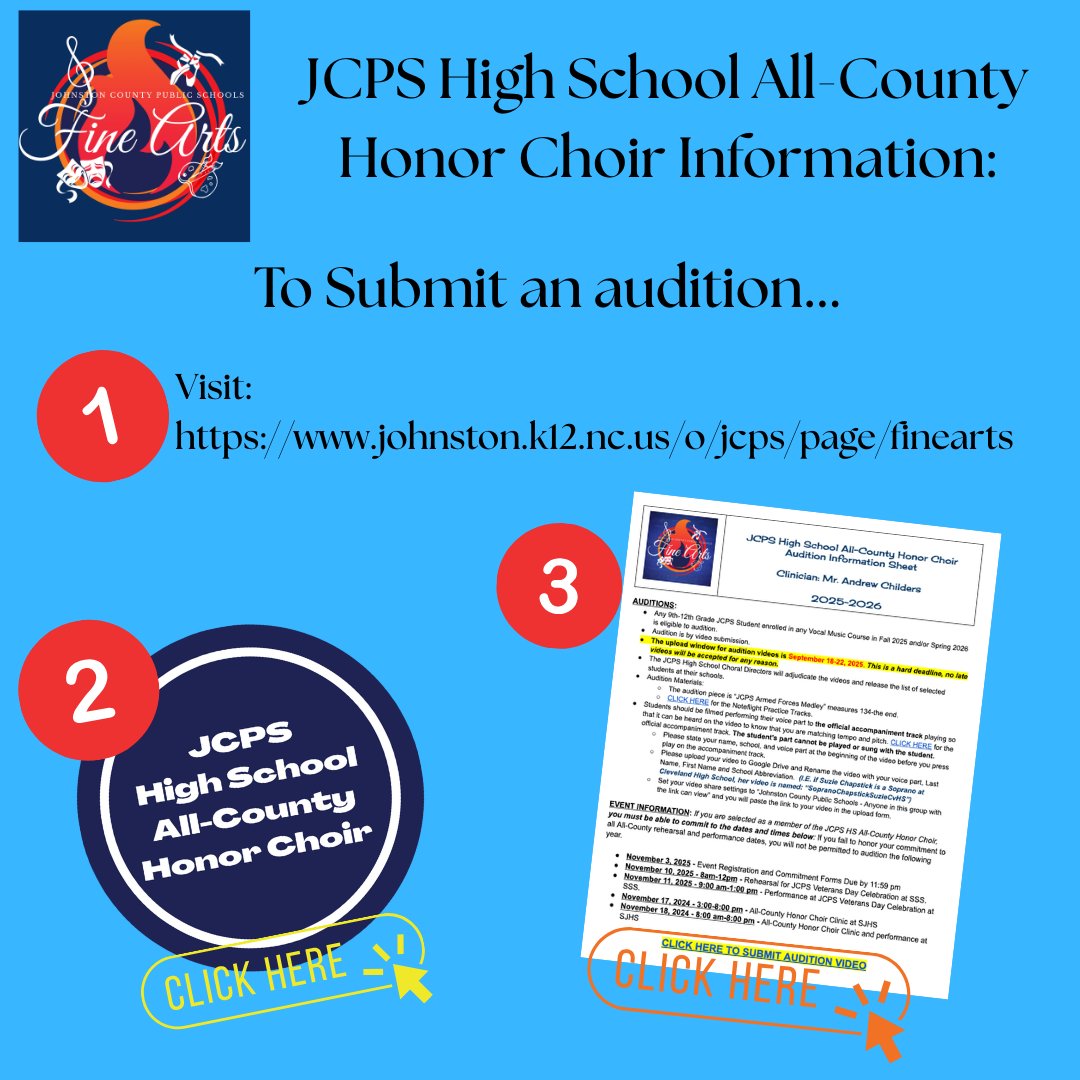 JCPSFineArts's tweet image. High School All-County Honor Choir submissions close TONIGHT! This is a hard deadline! 

Arts Ed PD this Friday!

Having a Fall Concert or Performance? Make sure we have your dates to share! 

Have a great week!
@JCPS_NC