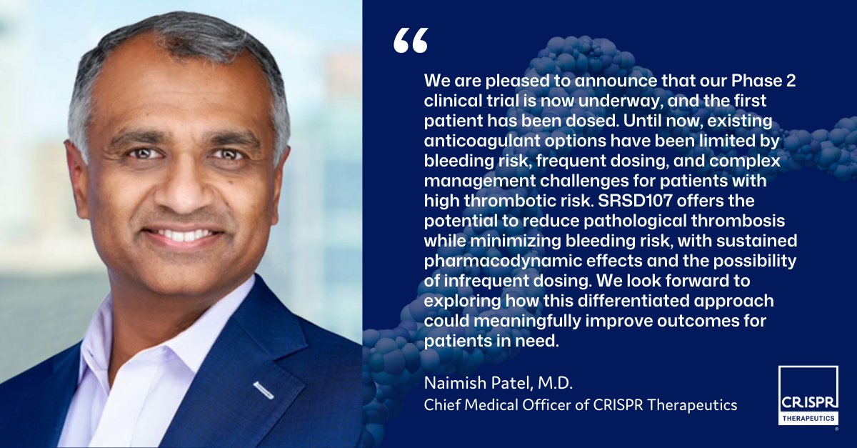 Today, we announced with Sirius Tx that the first patient has been dosed in a Phase 2 clinical trial of SRSD107, a next-generation, long-acting Factor XI siRNA for the prevention of venous thromboembolism in patients undergoing total knee arthroplasty: bit.ly/3KeXd5Z