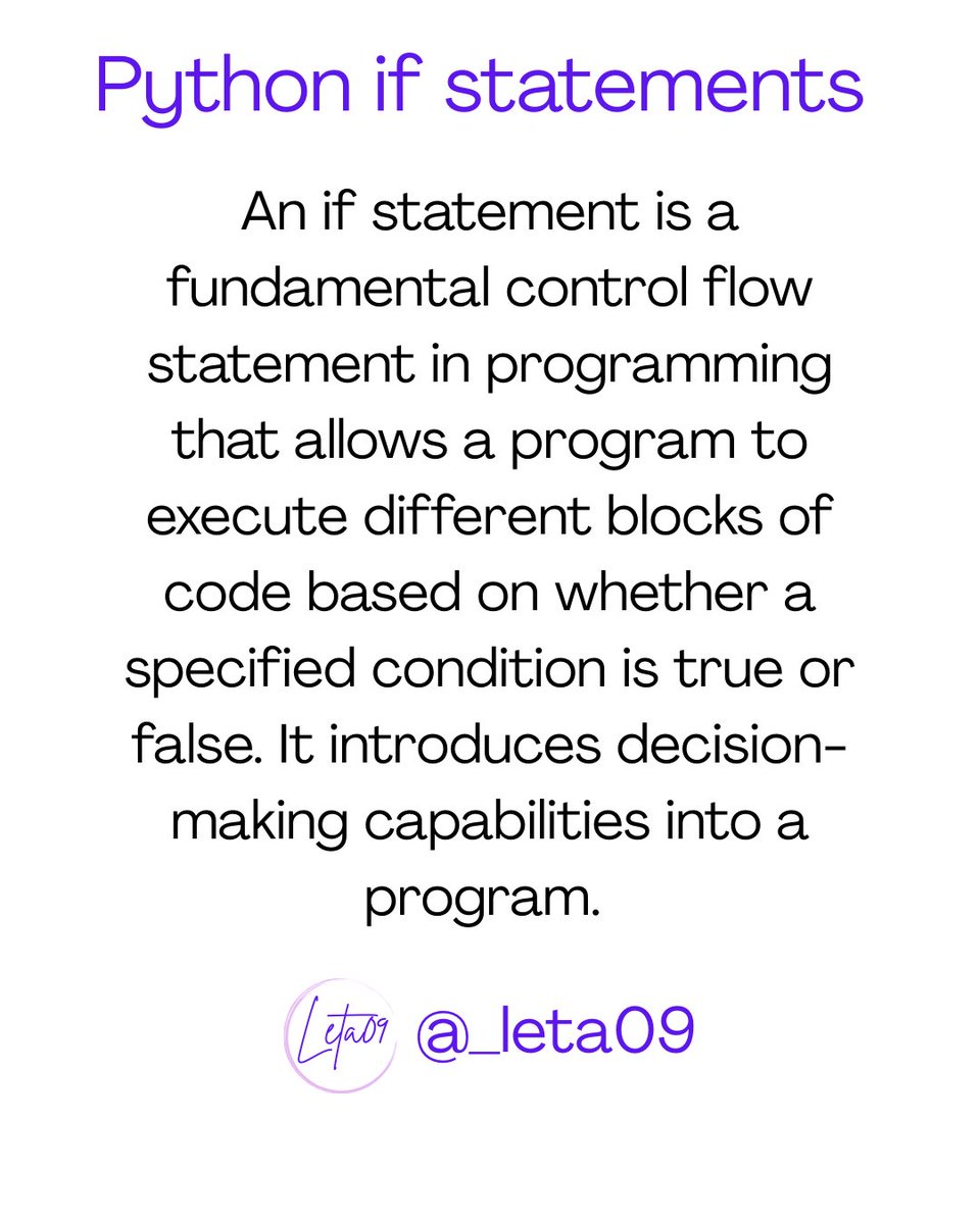 _leta09's tweet image. Every coder’s journey starts with a choice—and in Python, that choice begins with If . It’s the logic gate that decides your program’s fate. 

#PythonProgramming #CodeLogic #DevLife #LearnToCode #PythonBasics #IfStatement #TechEducation #CodingJourney #WomenWhoCode #CodeBetter