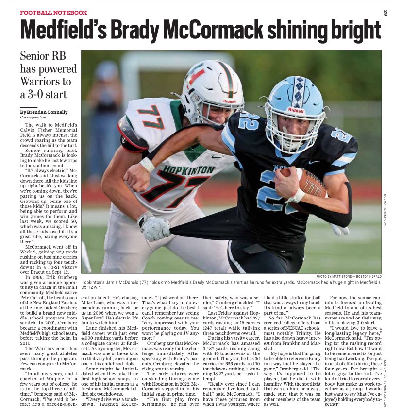 BradyMack23's tweet photo. Thank you @BConn63 @Murray_Jack_ @BrianRoachJr @TylerBMcManus15 @BosHeraldSports. Appreciate the time spent with me to highlight our @MHSGRIDIRON Football Program. @MedfieldAD @pgumas27 #MeWe #Pride @CoachCoryBailey @TVLSportsMa @turf_surfer @bench424nmore @jhumburg @CoaLBViking https://t.co/u4AVB3ZOaC