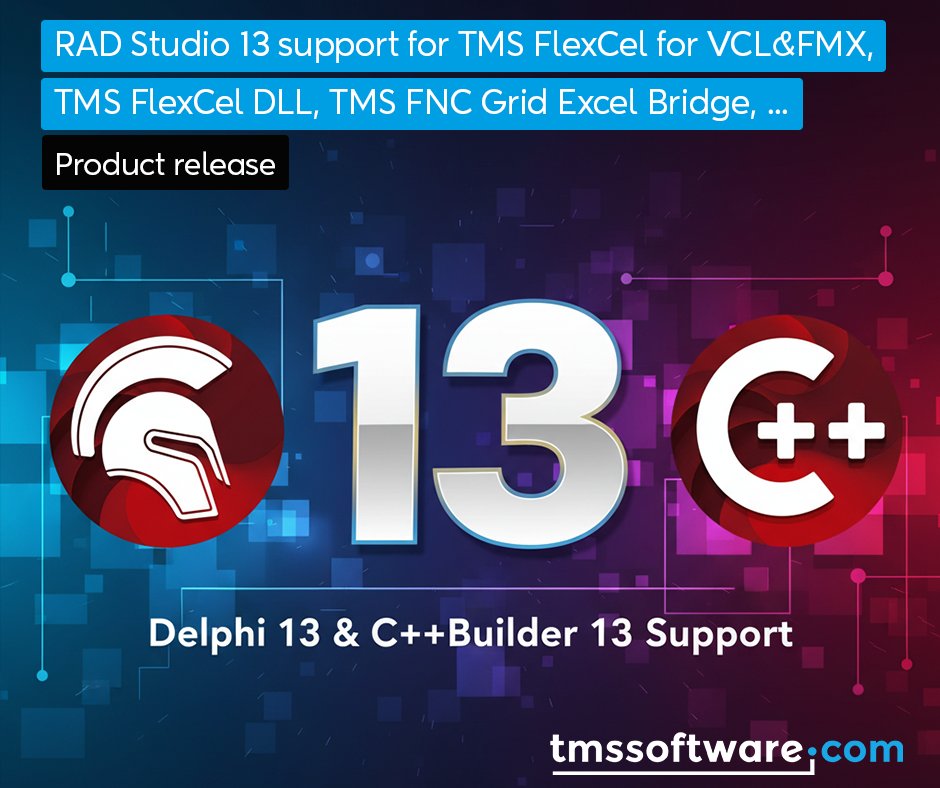 TMSsoftwareNews's tweet image. Yesterday we added RAD Studio 13 support for:
TMS FlexCel for VCL & FMX, TMS FlexCel DLL, TMS VCL Grid Excel Bridge & TMS FNC Grid Excel Bridge.
Follow our progress and check the full RAD Studio 13-ready list here:
👉 tmssoftware.com/site/radstudio…