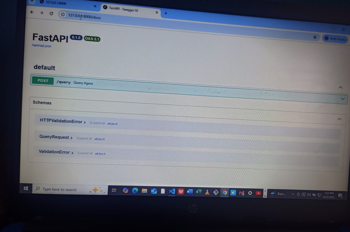 OpeyemiBolatit1's tweet image. Making progress on the backend , app now runs without the ASGI error . Testing through Swagger UI now, but hit another bug. 😠 Back to reviewing my code.🙂 #FastAPI
#AI
#BackendDevelopment
#Python
#Coding
#LangChain
#buildinpublic
#BuildingTheFuture