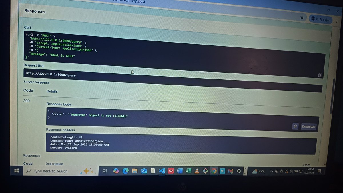 OpeyemiBolatit1's tweet image. Making progress on the backend , app now runs without the ASGI error . Testing through Swagger UI now, but hit another bug. 😠 Back to reviewing my code.🙂 #FastAPI
#AI
#BackendDevelopment
#Python
#Coding
#LangChain
#buildinpublic
#BuildingTheFuture