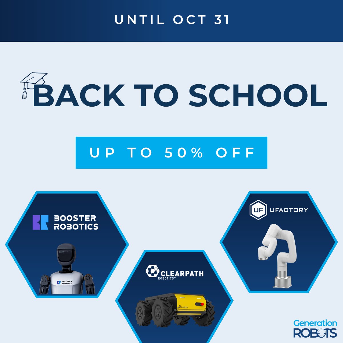 GenerationRobot's tweet image. 🎓 Kick off the academic year with special #robotics offers!
📅 Until Oct 31:
⮕ UFactory arms: up to 50% off on grippers
⮕ Husky A300: 5% off Standard
⮕ Booster T1 humanoid: up to 10% off
Perfect for universities, labs &amp;amp; innovation teams 🚀
#research #BackToSchool #offers