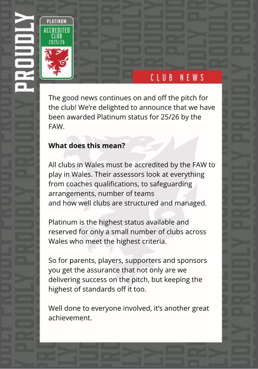 The good news just keeps coming for GVD - we’re delighted to be awarded Platinum status by the <a href="/FAWales/">FA WALES</a> for the 2025/26 season. A fantastic achievement which reflects the huge amount of volunteer time that helps deliver success for our players on and off the pitch. #utgvd