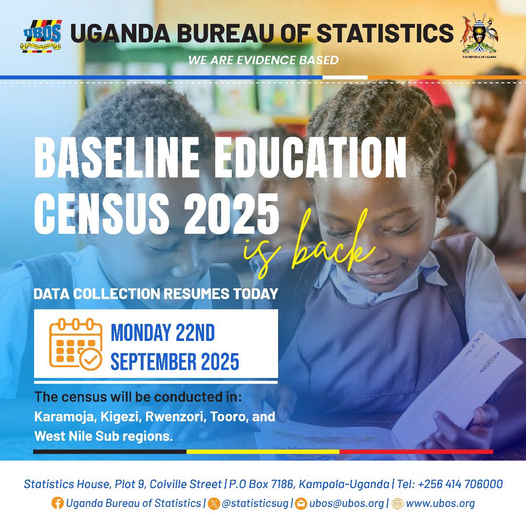 IrynKabatesi's tweet image. Areas: Karamoja, Kigezi, Rwenzori, Tooro &amp;amp; West Nile Sub-regions. The exercise will cover both Government and Private Education Institutions. 

All Headteachers, Teachers &amp;amp; Parents are requested to cooperate with Data Collectors.

#UBOS #BEC2025 #DataForDevelopment