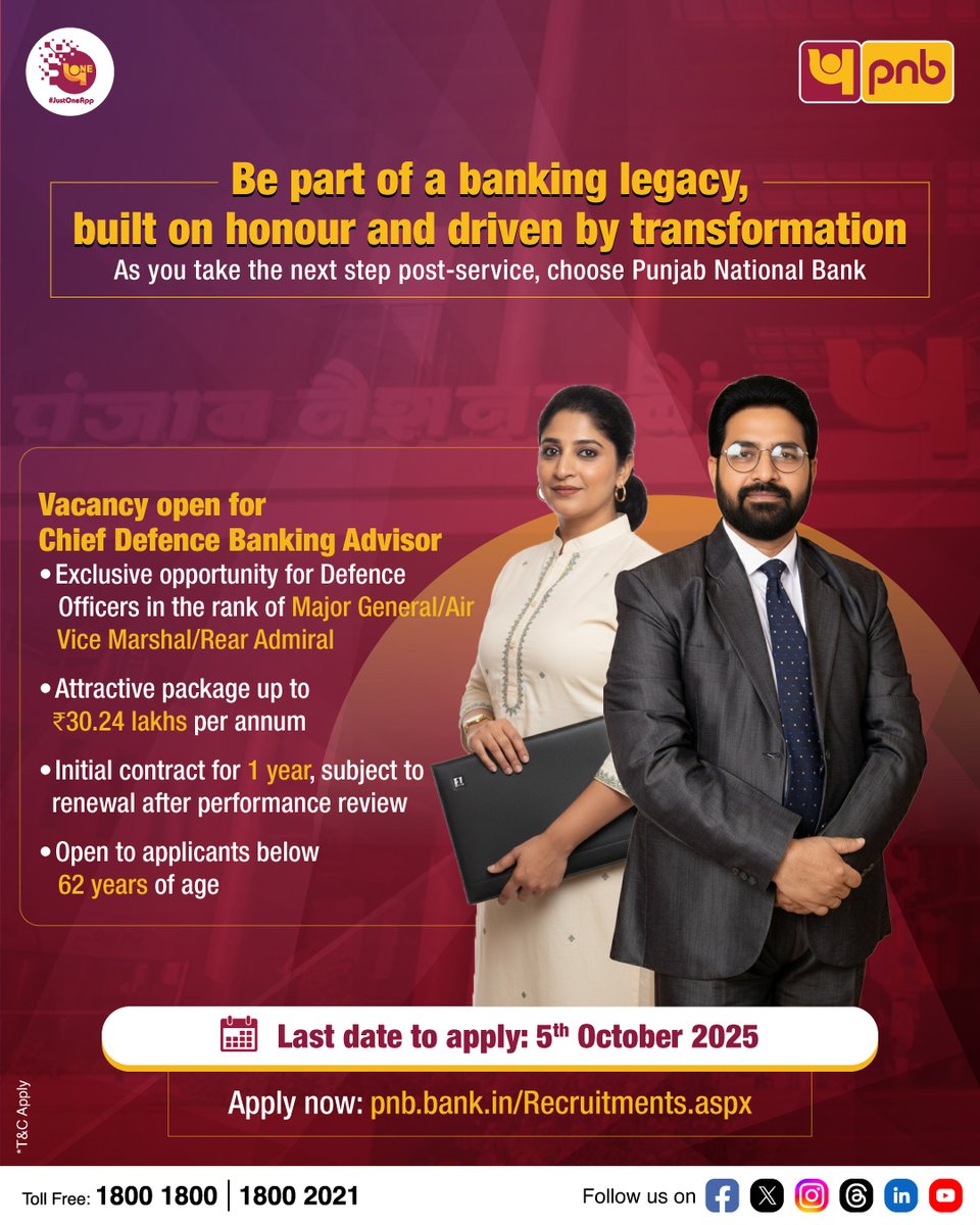 Step into a rewarding new chapter with Punjab National Bank!
Exclusive opportunity for retired Defence Officers to join as Chief Defence Banking Advisor.
Visit pnb.bank.in/Recruitments.a… to know more.

#PNB #PNBRecruitment #BankingAdvisor #CareerAfterService #PNBParivar