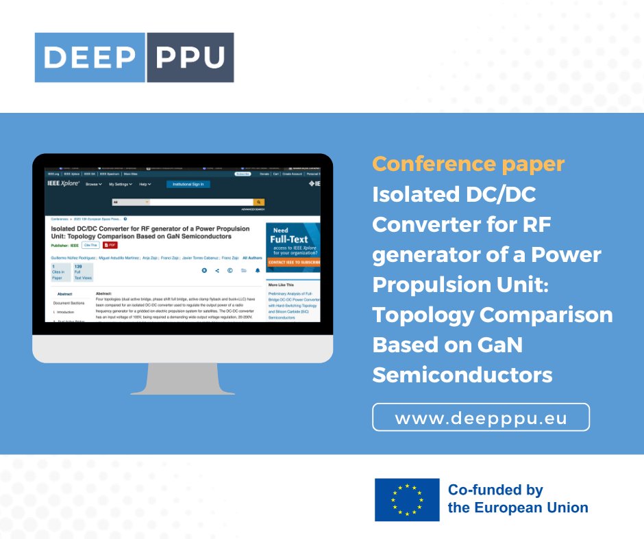 📄 Conference paper: Isolated DC/DC Converter for RF Generator in Satellite Propulsion. We compare 4 GaN topologies (DAB, PSFB, ACF, Buck+LLC) for 100V→20–200V, 1.1 kW 500kHz. Towards compact, efficient RF power for ion thrusters. Read: ieeexplore.ieee.org/document/10413…