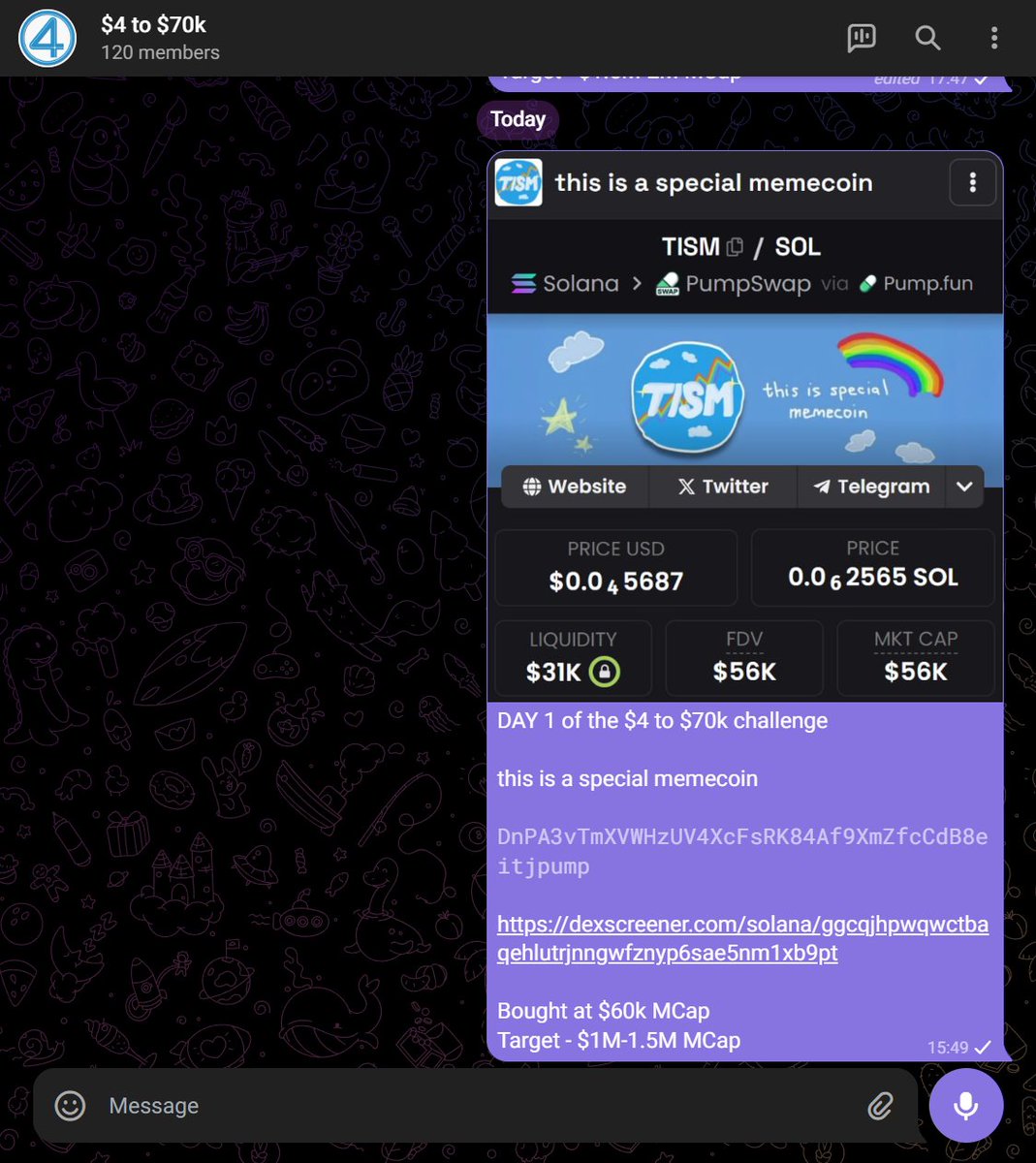 DAY #1 of the $4 to $70k challenge                  

Today, we bagged $TISM

Flipped at 1.4M MCap - 23x gains          
Account balance: $92     

Adding 700 participants           
Accepted so far: 120/700             

Wanna join? Here’s how:        

• Like &amp; Retweet