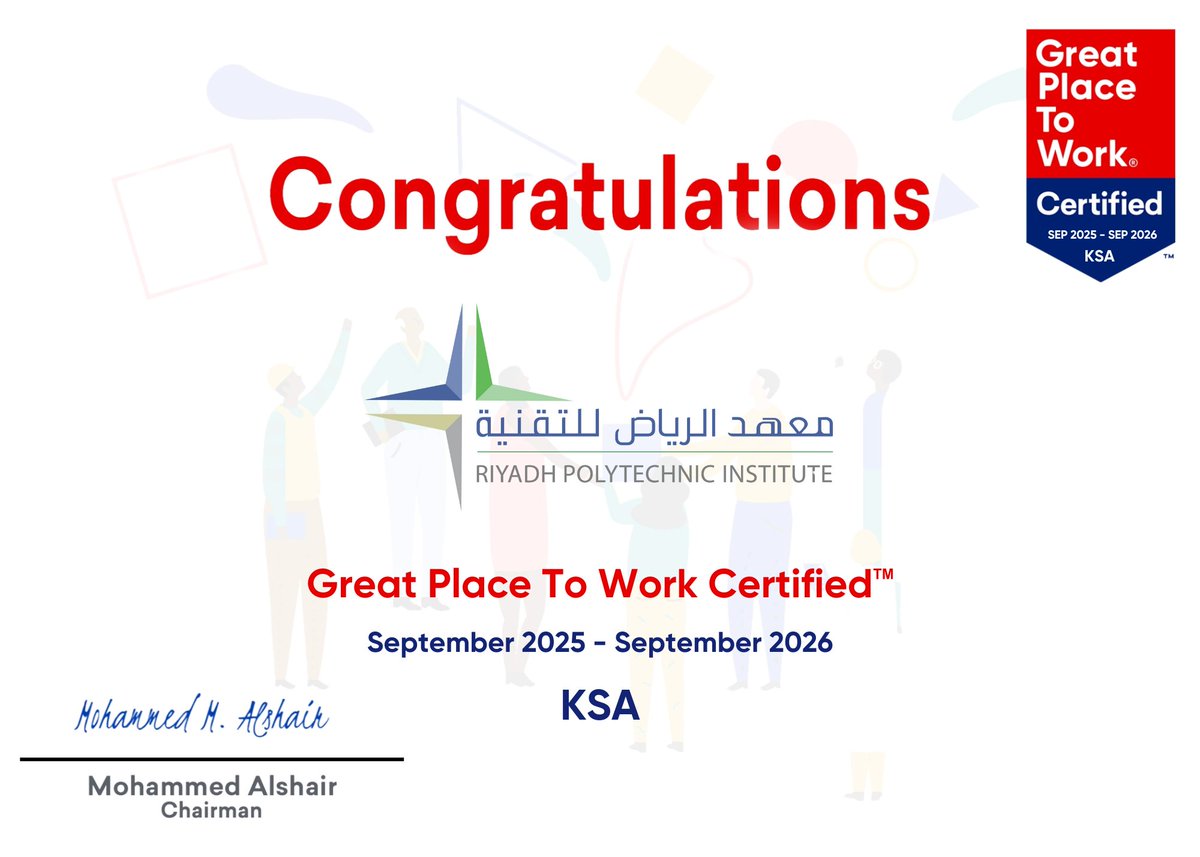 rpi_sa's tweet photo. إنجاز نفخر به! #معهد_الرياض_للتقنية يفوز بـ شهادة “أفضل بيئة عمل” 🚀 نجاحنا يبدأ من بيئة عمل ملهمة، تصنع الإبداع وتدعم العطاء. 💚 #RPI #شهادة_افضل_بيئة_عمل

 An achievement we are proud of! #Riyadh_Polytechnic_Institute wins the “Best Workplace Certificate” 🚀 Our success begins with an inspiring environment that fosters creativity and encourages excellence.💚
 #RPI #Best_Workplace_Certificate