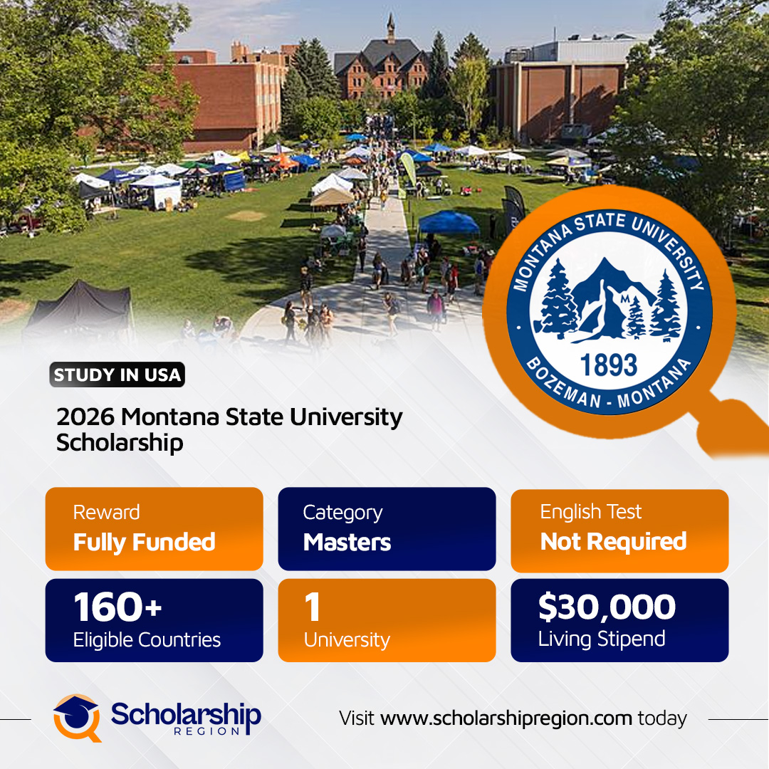 scholarsregion's tweet photo. Montana State University Scholarship in USA 2026 | Fully Funded

 Country: United States🇺🇸

(i) The Montana State University located in the United States is accepting applications for the 2026 Scholarship Program.

(ii) The scholarship is open to students from all countries of the world pursuing a Master's degree.

(iii) The scholarship provides full tuition coverage, a $30,000 living stipend and health insurance for selected recipients.

(iv) The deadline for the application is September 30, 2025

Apply:
https://t.co/hyQOgL50Sk