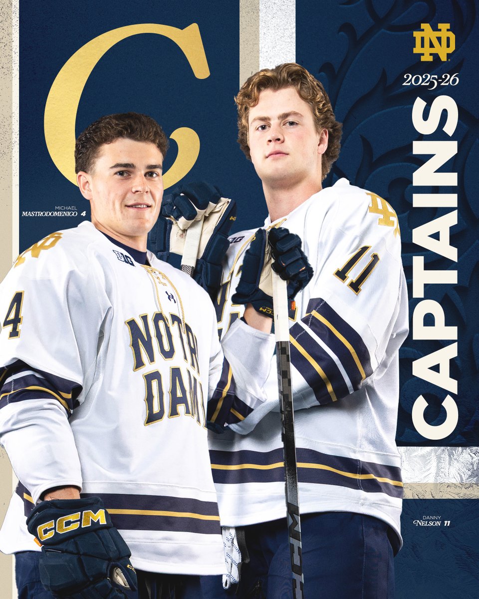 NDHockey's tweet photo. Leaders both on and off the ice. Presenting your 2025-26 captains! ☘️

🔗 https://t.co/o3HxrbSCsR

#GoIrish https://t.co/b8dE71Rsxv