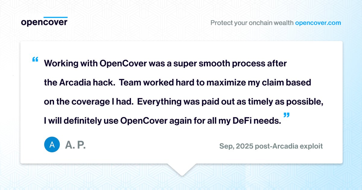 OpenCover's tweet image. ⭐️ USER FEEDBACK ⭐️

🛡️ This user&apos;s Arcadia positions were covered with @NexusMutual at the time of the exploit.

💰 They were able to claim 50 ETH + $50,000 USDC or ~$275,000 at today&apos;s ETH price

💬 Here&apos;s what they had to say about the claim process:
