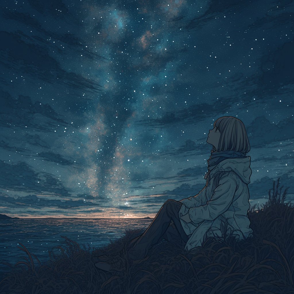 風化する石に自分を重ね
銀河の灯火の下
夜風の詩を詠む

風踊る空に星の海
語る炎は燃え尽きて
沈黙の中
風が雨を呼ぶ
#詩 #ポエム #AIart