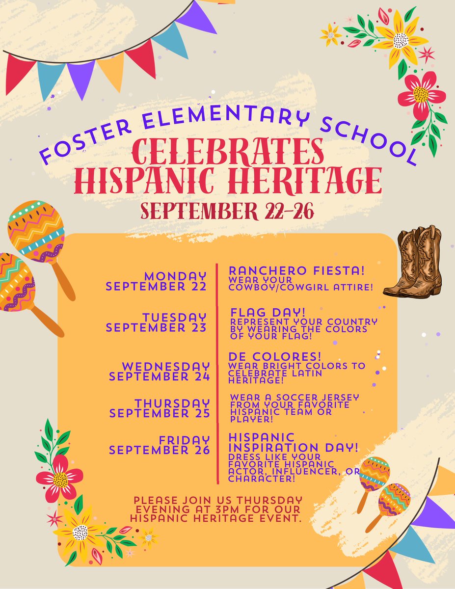 FosterElemHCPS's tweet photo. Join us in celebrating Hispanic Heritage Month! Sept 15th - Oct 15th! @TransformHCPS @Community_Sch @HCPSTNRegion1 @HillsboroughSch https://t.co/sKGxC63nJu