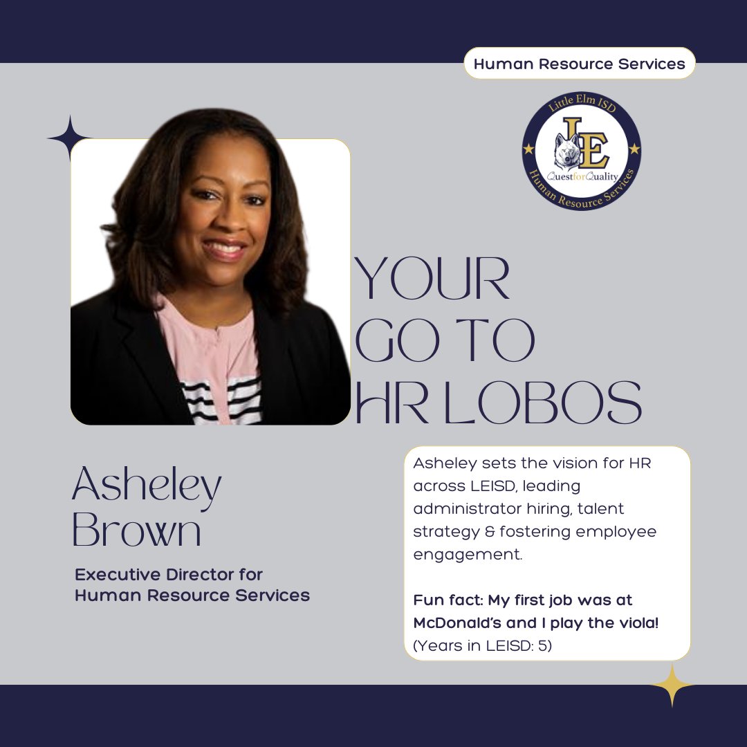 Meet the Team Monday begins today! We’re launching our weekly spotlight with Asheley Brown, Executive Director for Human Resource Services, guiding HR vision, admin hiring and talent strategy across LEISD. 💙🐺
#MeetTheTeamMonday #LoboFamiLE #YourGoToHR <a href="/leisd/">Little Elm ISD</a>