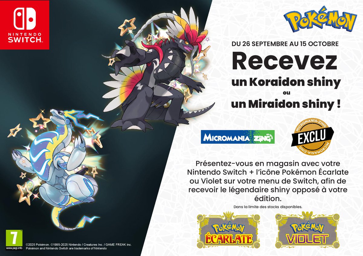 Micromania_Fr's tweet image. Rendez-vous à partir du 26 septembre pour obtenir gratuitement un Koraidon shiny ou un Miraidon shiny pour Pokémon Écarlate 🔴 ou Violet 🟣

Offre exclusive Micromania-Zing 🔵🟢, réservé aux détenteurs de Pokémon Écarlate ou Violet ⚠️