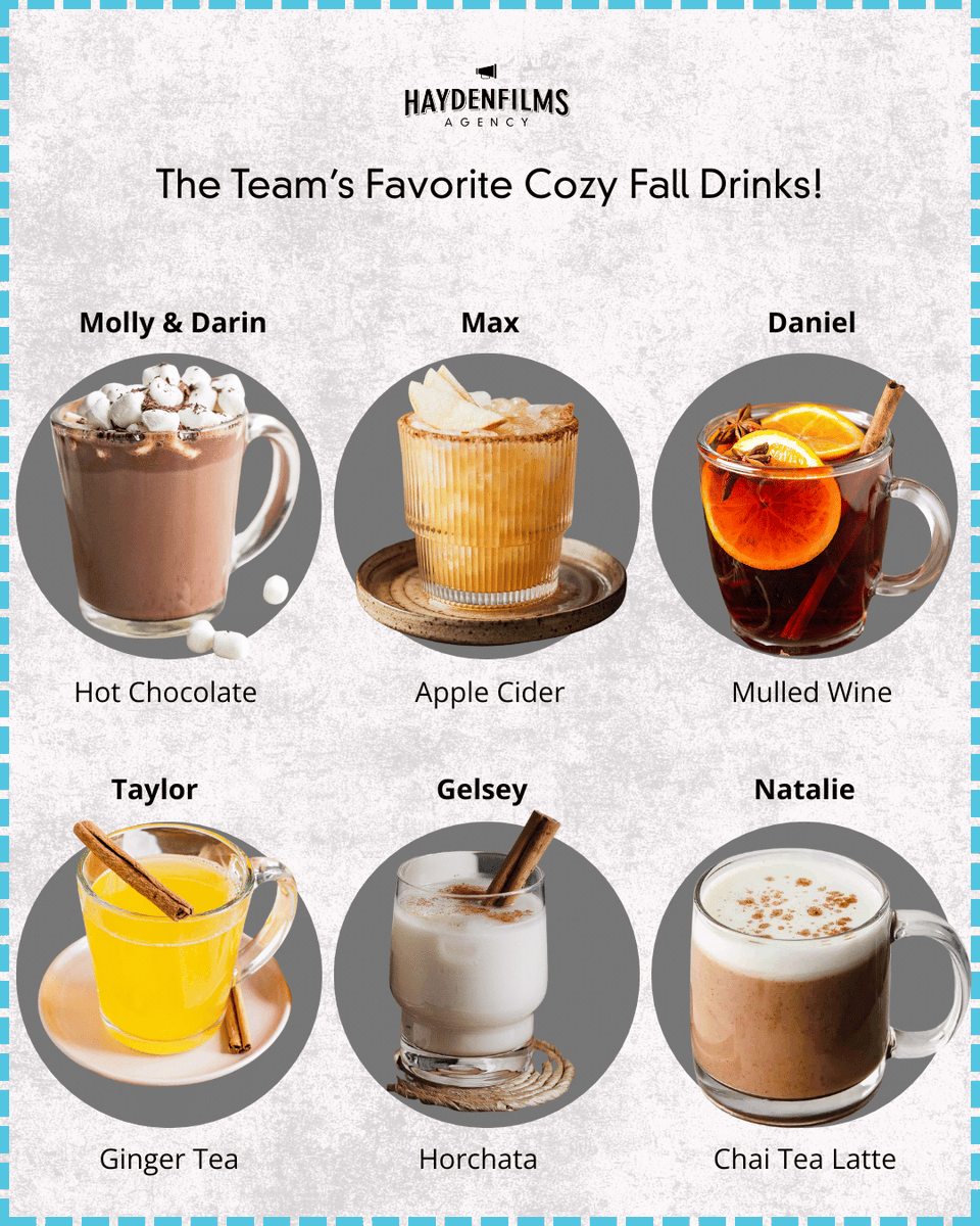 Haydenfilms's tweet image. Fall is upon us! We are taking in the season’s arrival with a look at our team’s favorite drinks. To say our tastes in beverages are diversified is an understatement!

#Haydenfilms #HFI #Movies #FavoriteFallDrinks #Fall #Autumn #AppleCider #HotChocolate #Horchata #FallDrinks