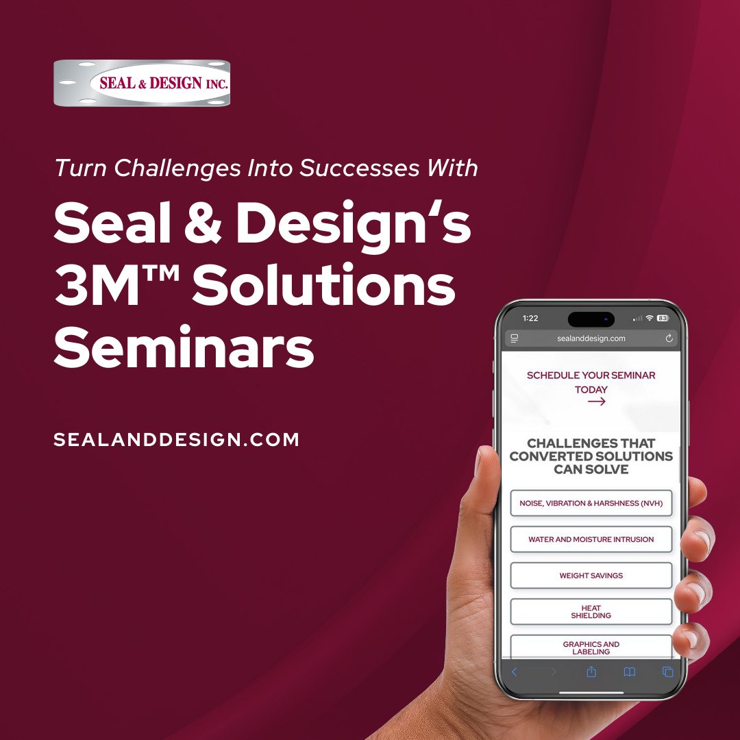 Turn challenges into successes with Seal &amp; Design’s 3M™ Solutions Seminars.

Connect your team with our 3M™ Specialists for tailored sessions on adhesive chemistry, automation &amp; more.

Schedule your seminar today: hubs.li/Q03FWRz80

#3M #ManufacturingExcellence