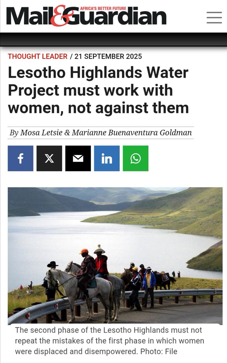 Read a powerful opinion piece by our Programme Lawyer Adv. Mosa Letsie &amp; Marianne Buenaventura Goldman on how women are being endangered and excluded from the development process during implementation of the LHWP Phase II via <a href="/mailandguardian/">Mail & Guardian</a>:
mg.co.za/thoughtleader/…