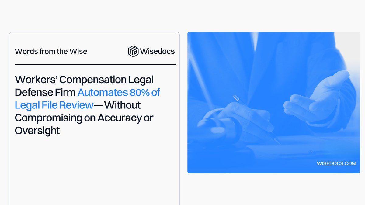 Wisedocsai's tweet image. Automate up to 80% of legal file reviews ⚡

See how a top #WorkersComp defense firm cut turnaround times, reduced staffing needs, and freed #Lawyers to focus on strategy with #Wisedocs.

📖 Read the #CaseStudy
👉 hubs.ly/Q03Jz-zb0