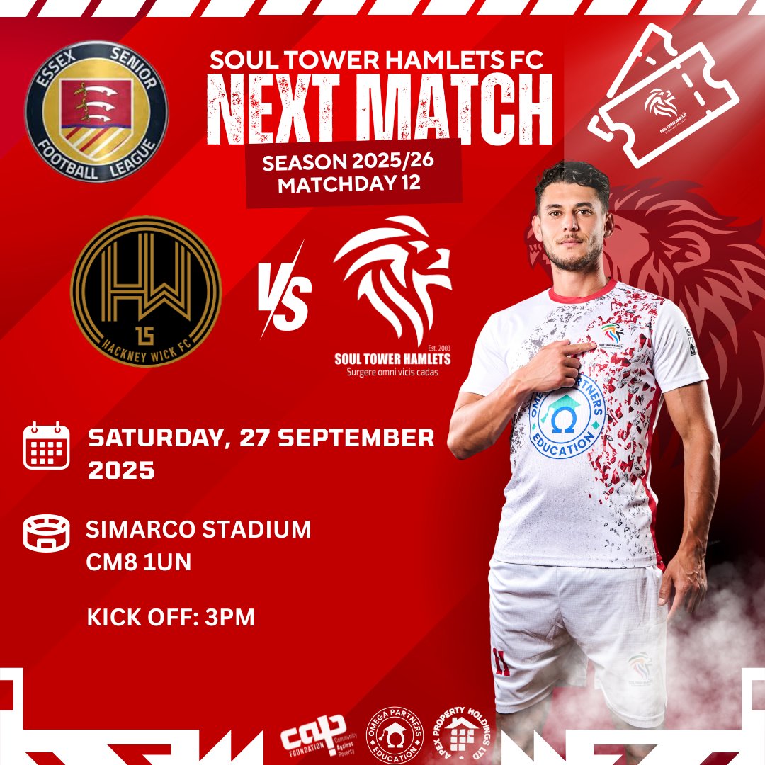 SoulTHFC's tweet image. 𝗡𝗘𝗫𝗧 𝗠𝗔𝗧𝗖𝗛 

Our Essex Senior League campaign continues this weekend! 

🆚 Hackney Wick FC
📅 Saturday 27th September 2025
⏰ Kick-off: 3PM
🏟️ Simarco Stadium, CM8 1UN

A big clash awaits in Matchday 12 let’s go again and keep pushing forward! 

#EssexSeniorLeague #STHFC