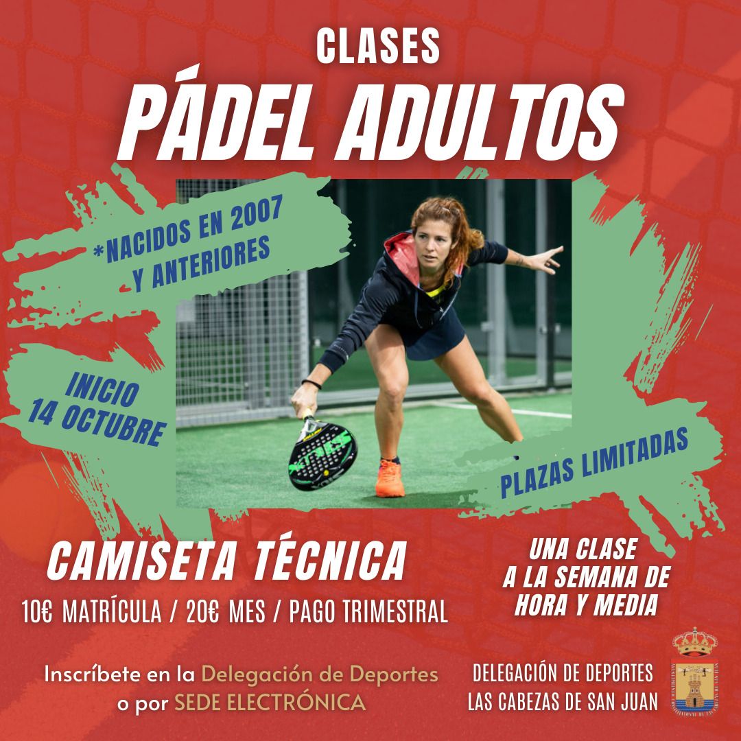🎾PÁDEL ADULTOS🎾

📆Abierto el plazo de inscripción para clases de Pádel para Adultos.

➡️Inscripción Presencial en la Delegación de Deportes (1ra planta del Ayuntamiento) de Lunes a Viernes de 9 a 14 h. o por Sede Electrónica.

🚨Plazas Limitadas.