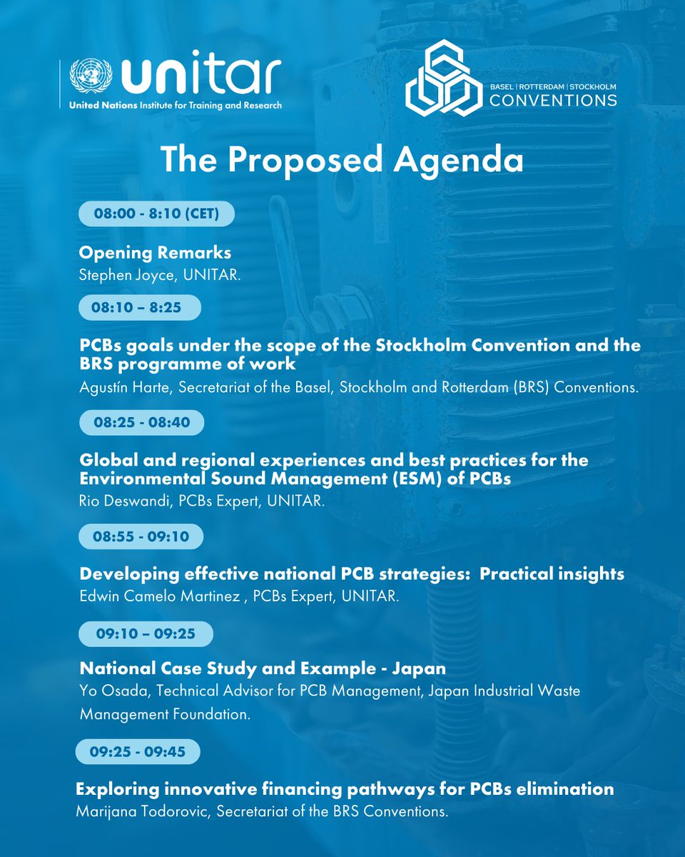 UNITAR's tweet image. Join our regional webinar for Asia: Making Visible the Legacy of PCBs.

🗓️ 30 September

🕚 2 p.m. - 4 p.m. GMT+8 | 8 a.m. - 10 a.m. CET

📍 Online | English 

Register here ➡️ f.mtr.cool/zexowznbpx

#PCBs #BRSConventions #StockholmConvention #UNITAR #BRSSecretariat