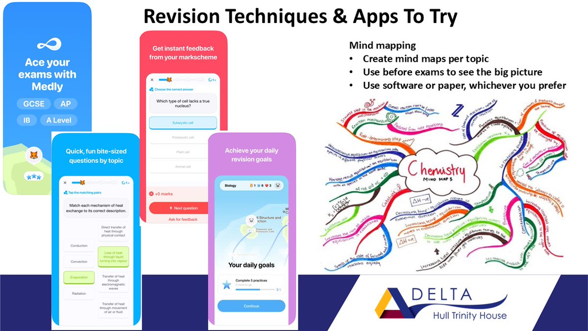 DeltaHTHA's tweet image. This week&apos;s #RevisionTip: Try using apps like Medly for quick quizzes, or mind maps to see the bigger picture before exams. Find what works best for you &amp;amp; smash those goals!💪#StudyTips #GCSEs #Revision