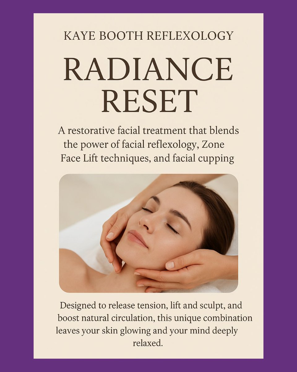 KayeBoothReflex's tweet photo. ✨ Radiance Reset ✨
A unique blend of facial reflexology, Zone Face Lift &amp; facial cupping — easing tension, lifting, boosting circulation &amp; leaving you glowing inside &amp; out. 🌿
#RadianceReset #Reflexology #wellbeing #WRW25 #OFFER

Book here: https://t.co/ADKLMq7LE5 https://t.co/tMJudrQ5sU