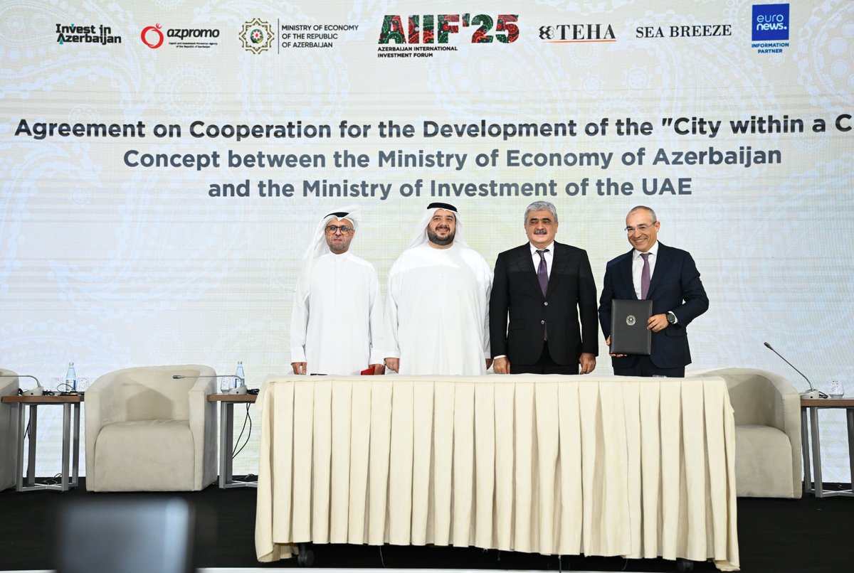 MikayilJabbarov's tweet photo. At the 1st #Azerbaijan International #Investment Forum, in the presence of Samir Sharifov, Deputy Prime Minister of the Republic of Azerbaijan, and Mohammed Hassan Al Suwaidi, Minister of Investment of the United Arab Emirates (@Inv_UAE), a cooperation agreement was signed with Jassem Al Zaabi, Chairman of Modon Holding, for the development of the “City within a City” concept.
This multi-billion-dollar initiative will create a modern coastal district around Lake Boyukshor, integrating healthcare, commercial, #educational, and hospitality facilities — a flagship project in sustainable urban development.
#EconomyAz