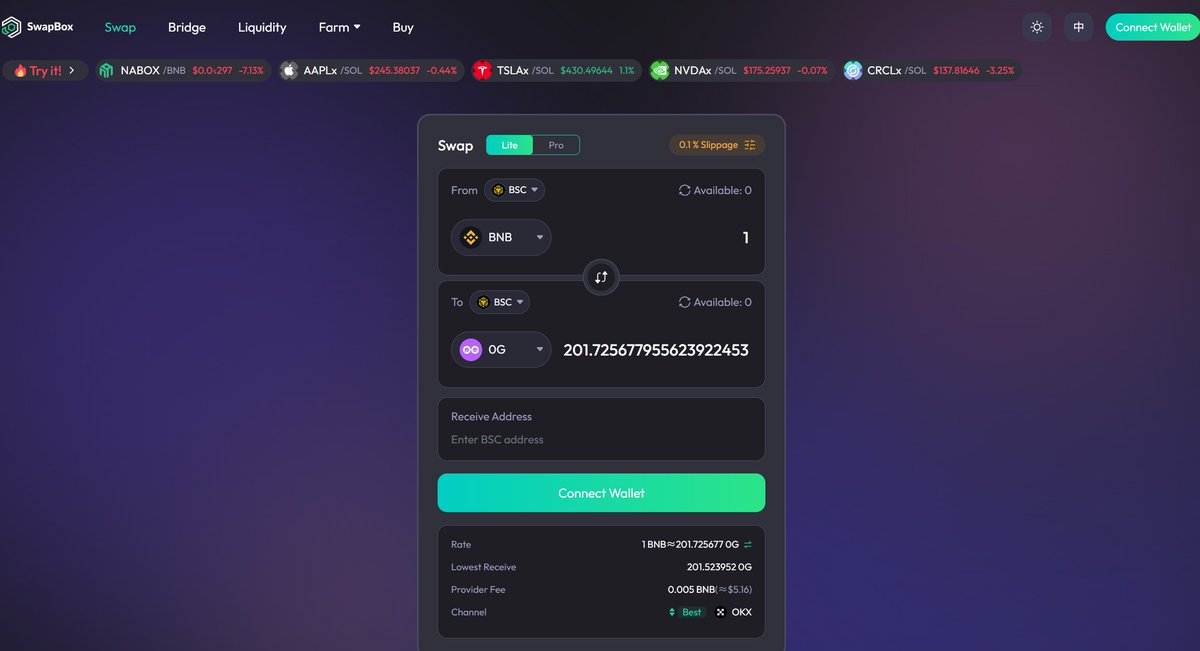 naboxwallet's tweet photo. @0G_labs @0G_Foundation Swap $BNB to $0G on #SwapBox https://t.co/DzHUlAYts2