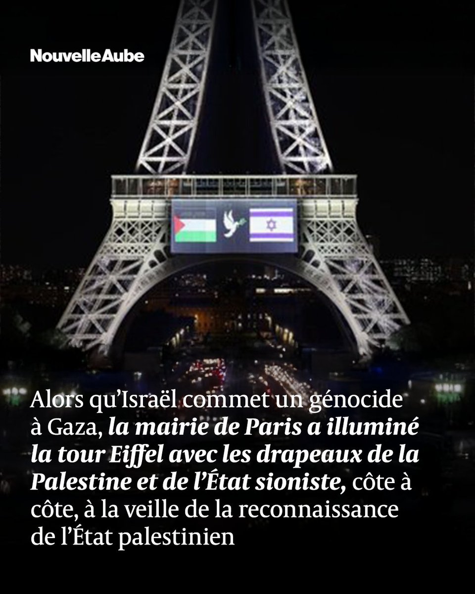 nouvelleaubefr's tweet image. La tour #Eiffel a été illuminée avec les drapeaux israélien et palestinien, suscitant des critiques sur le choix symbolique dans le contexte du génocide à #Gaza.