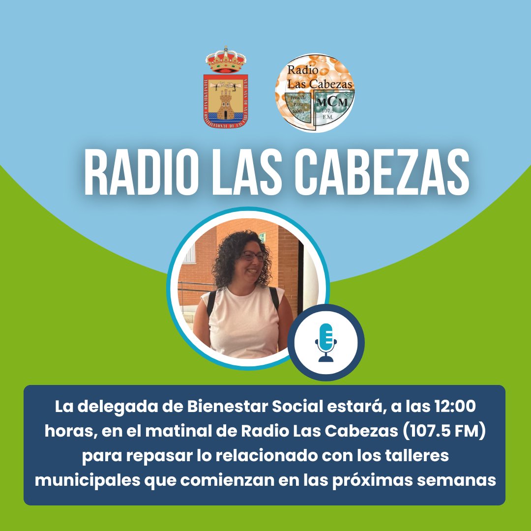 📻✨ Esta mañana en Radio Las Cabezas 107.5 FM
A las 12:00 horas, la delegada de Bienestar Social, Nieves Hernández, estará en el matinal junto a Sandra García para repasar todos los detalles sobre los talleres municipales que comenzarán en las próximas semanas.
#RadioLasCabezas