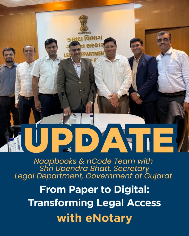 naapbooks's tweet image. ⚖️ Team Naapbooks demoed our eNotary Solution to Shri Upendra Bhatt, Secy–Legal Dept, Govt of Gujarat.
.
A leap toward digital legal services—simplifying processes, reducing case burden & boosting accessibility across India.
.
#LegalTech #eNotary #Innovation #naapbooks