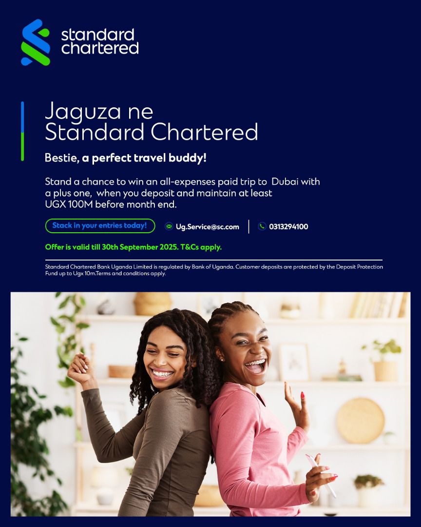 Your end-of-year gateway to Dubai could be on us!

Stand a chance to win a 4-night Dubai trip for 2, all expenses paid, by simply depositing &amp; maintaining UGX 100M this month
…
T&amp;Cs apply.
#JaguzaNeStandardChartered #HereForGood