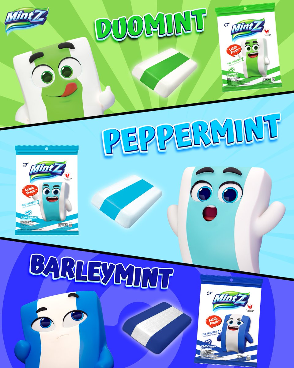 MintZ's tweet image. For Your Information:
3 rasa, 3 sensasi, 1 Mintz! 🍬✨
🌿 DuoMintz – Segarnya double!
🔥 PepperMintz – Pedes segar yang nendang!
❄️ BarleyMintz – Adem manis bikin rileks!

#MintZ #SenyumintZ #PermenMintZ #ChewynyNagihTerus