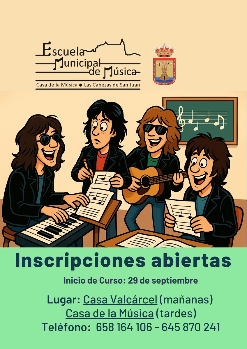 🎶✨ ¡La Escuela Municipal de Música de Las Cabezas 😎 Este año hasta los Rolling Stone se han apuntado… ¿te lo vas a perder? ✨🎶

📅 Inscripciones a partir del 1 de septiembre
📍 Casa Valcárcel (mañanas) y Casa de la Música (tardes)
📞 Info: 658 164 106 / 645 870 241