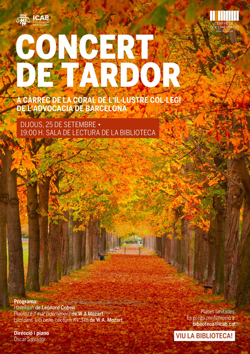 ICABarcelona's tweet photo. 🍁 Concert de tardor de música clàssica a la Biblioteca de l'ICAB, dins del cicle Viu la Biblioteca. 🎶A càrrec de la coral de l'ICAB❗️

🗓️ 25 de setembre de 2025
🕑 A les 19 h

📩 Inscriu-te a biblioteca@icab.cat

No te'l pots perdre!
https://t.co/TlfX8BmAaL https://t.co/rqXnp2B8US