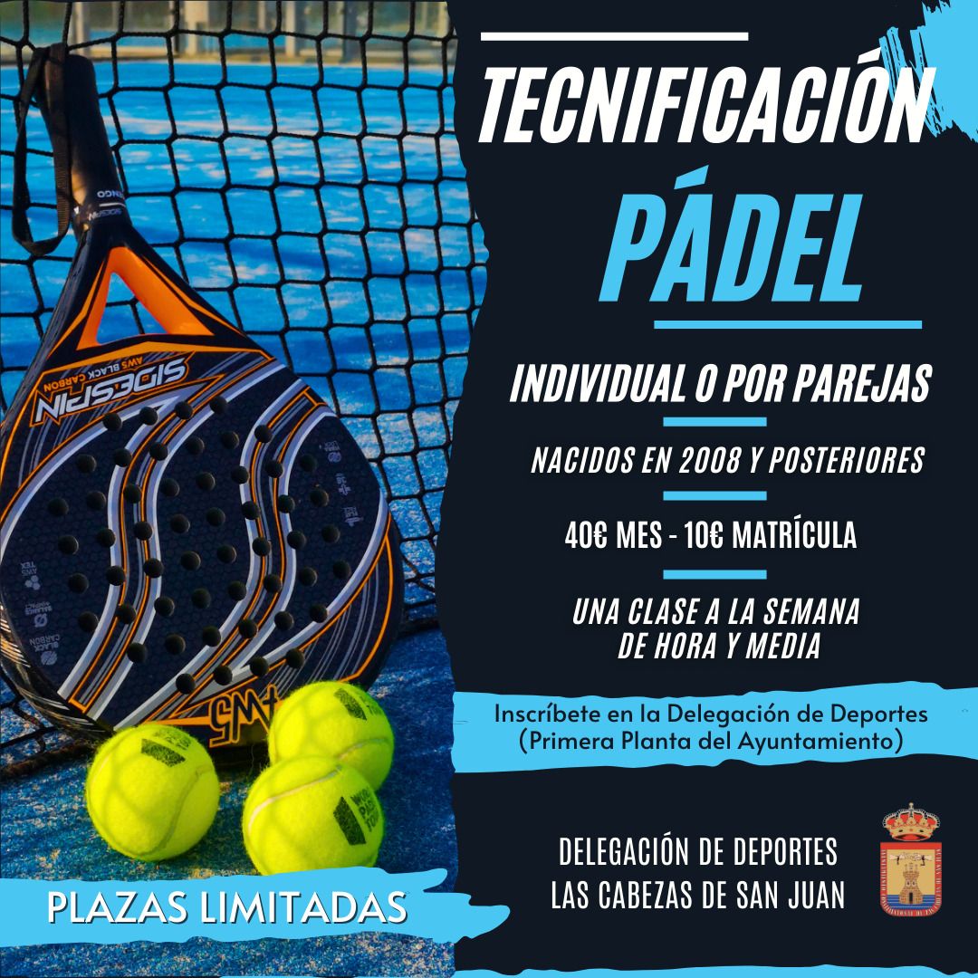 🥎PÁDEL TECNIFICACIÓN🥎

📆Abierto el plazo de inscripción para clases de Tecnificación de Pádel.

➡️Inscripción Presencial en la Delegación de Deportes (1ra planta del Ayuntamiento) de Lunes a Viernes de 9 a 14 h.

🚨Plazas limitadas