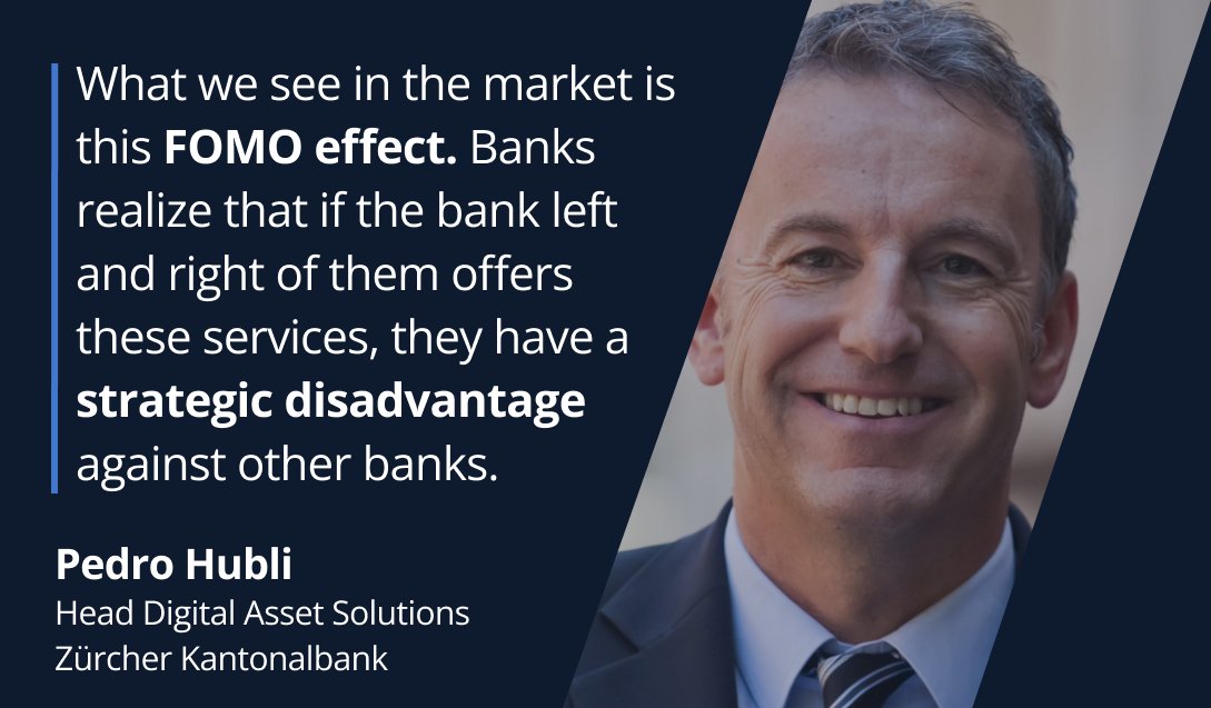 They weren't the first...

...and they won't be the last.

<a href="/zkb_ch/">Zürcher Kantonalbank</a> is now "in crypto" - with trading and custody for clients.

According to Pedro Hubli - this will only add to the FOMO effect among banks.

Both in Switzerland and beyond...