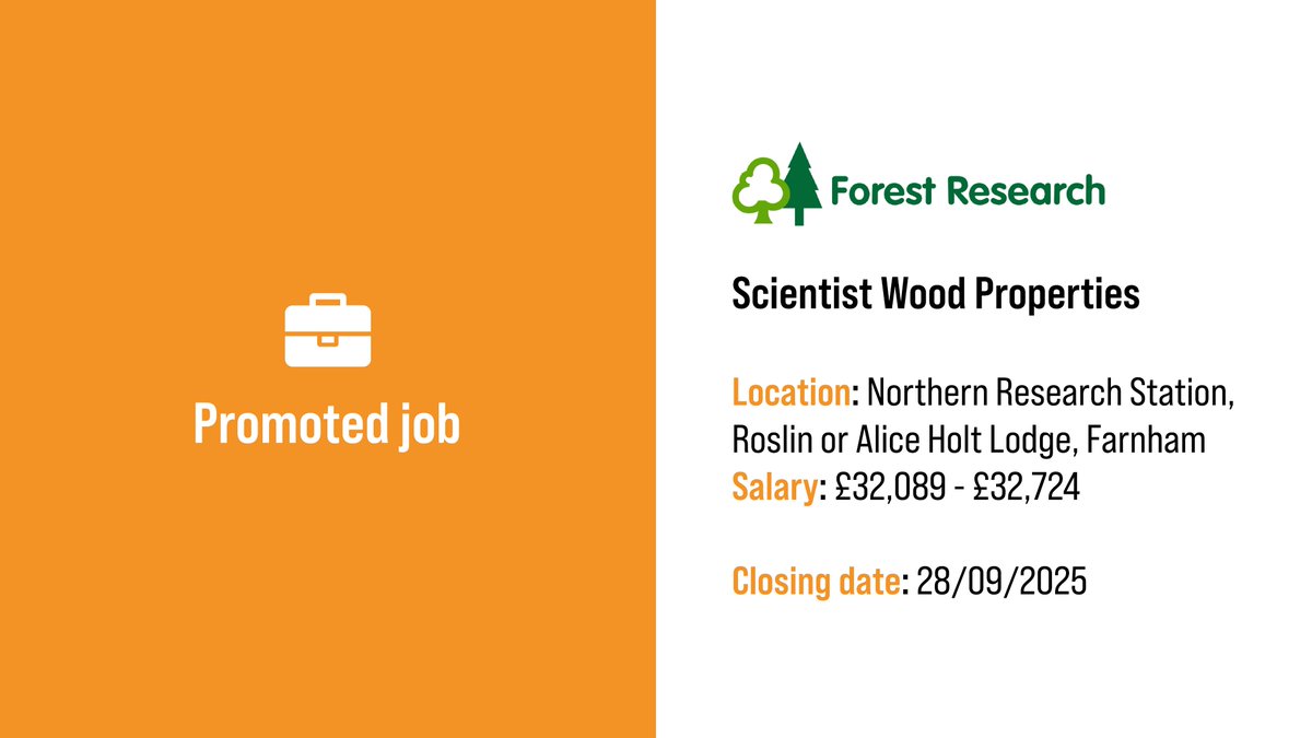 Job closing soon at <a href="/Forest_Research/">Forest Research</a> 👇

Do you want to work at the cutting edge of environmental science? Forest Research are recruiting for the role of Scientist Wood Properties to join their team.

Closes on Sunday 28 September.

View job: charteredforesters.org/job-vacancy/sc…
