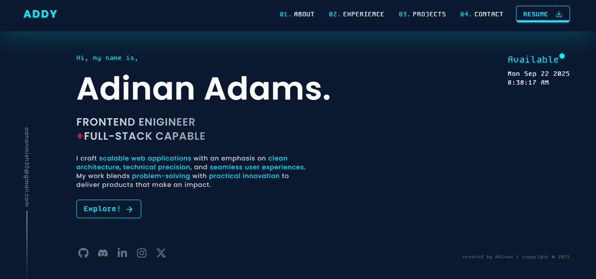 addy_devx's tweet image. Built. Shipped. Updated. 🔥
Portfolio is live - adams-adinan.vercel.app 
Give it a rating &amp;amp; share yours let’s #connect and grow together.

#BuildInPublic #DevCommunity #100Devs #letsconnect