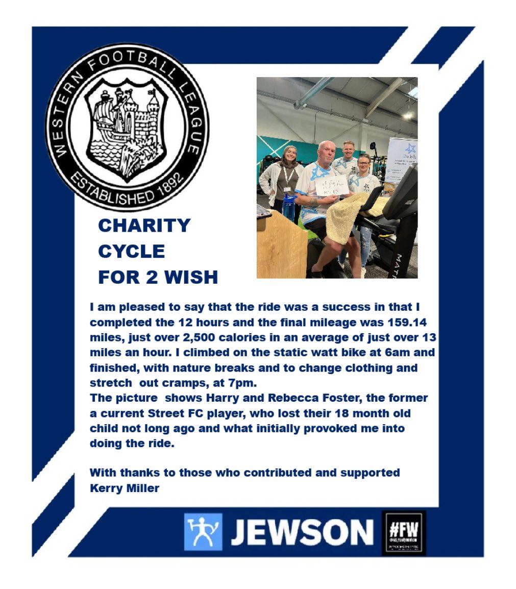 CYCLE CHALLENGE FOR 2 WISH 🚴🏻‍♂️

Well done Kerry Miller who completed a 12 hour cycle challenge and clocked up an impressive 159.14 miles to help raise awareness and funds for <a href="/2wishcymru/">2wish Cymru</a> 

Also pictured, <a href="/HarryFoster30/">Harry Foster</a> of <a href="/fcstreet/">Street FC</a> and wife Rebecca whom this charity is very close