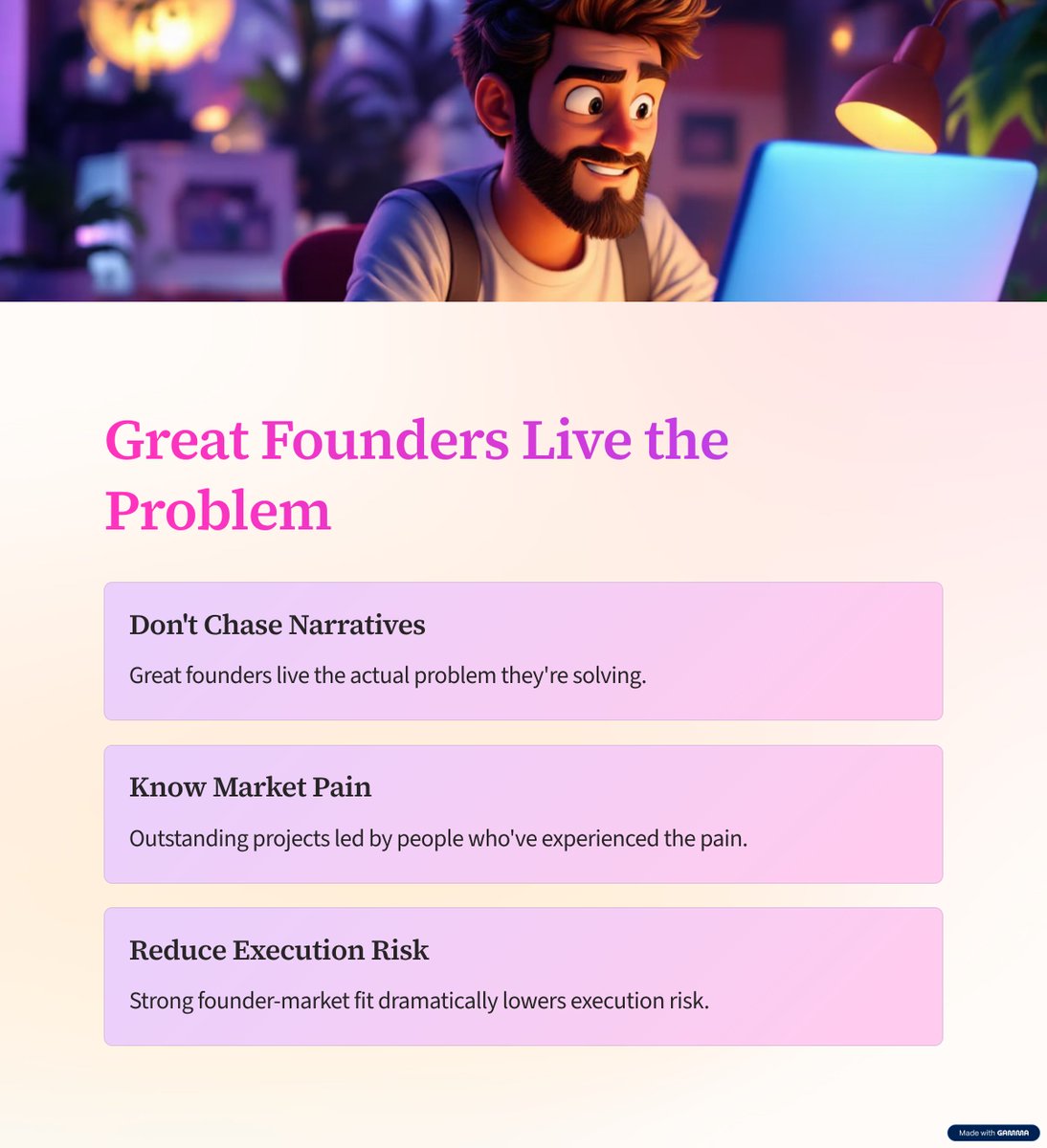 MashaPrussoWeb3's tweet image. Great founders don’t just chase a narrative — they live the problem.

The projects that stand out are led by people who know the market’s pain points because they’ve lived them.

When founder-market fit is strong, execution risk goes way down.
#VC #getfunded #invest