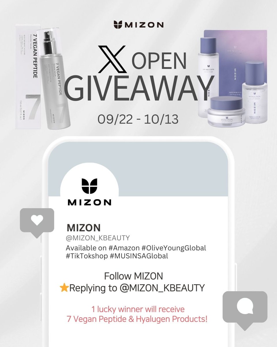 MIZON_KBEAUTY's tweet photo. 📣 🎉 MIZON X Official Open Giveaway! 🎉

🗓 Sept 22 – Oct 13, 2025
🎁 1 lucky winner will receive 7 Vegan Peptide &amp; Hyalugen products!

💖 How to enter:
✅ Follow @MIZON_KBEAUTY 
⭐ Replying to @MIZON_KBEAUTY and include MIZON🩶 https://t.co/vBaomO993o