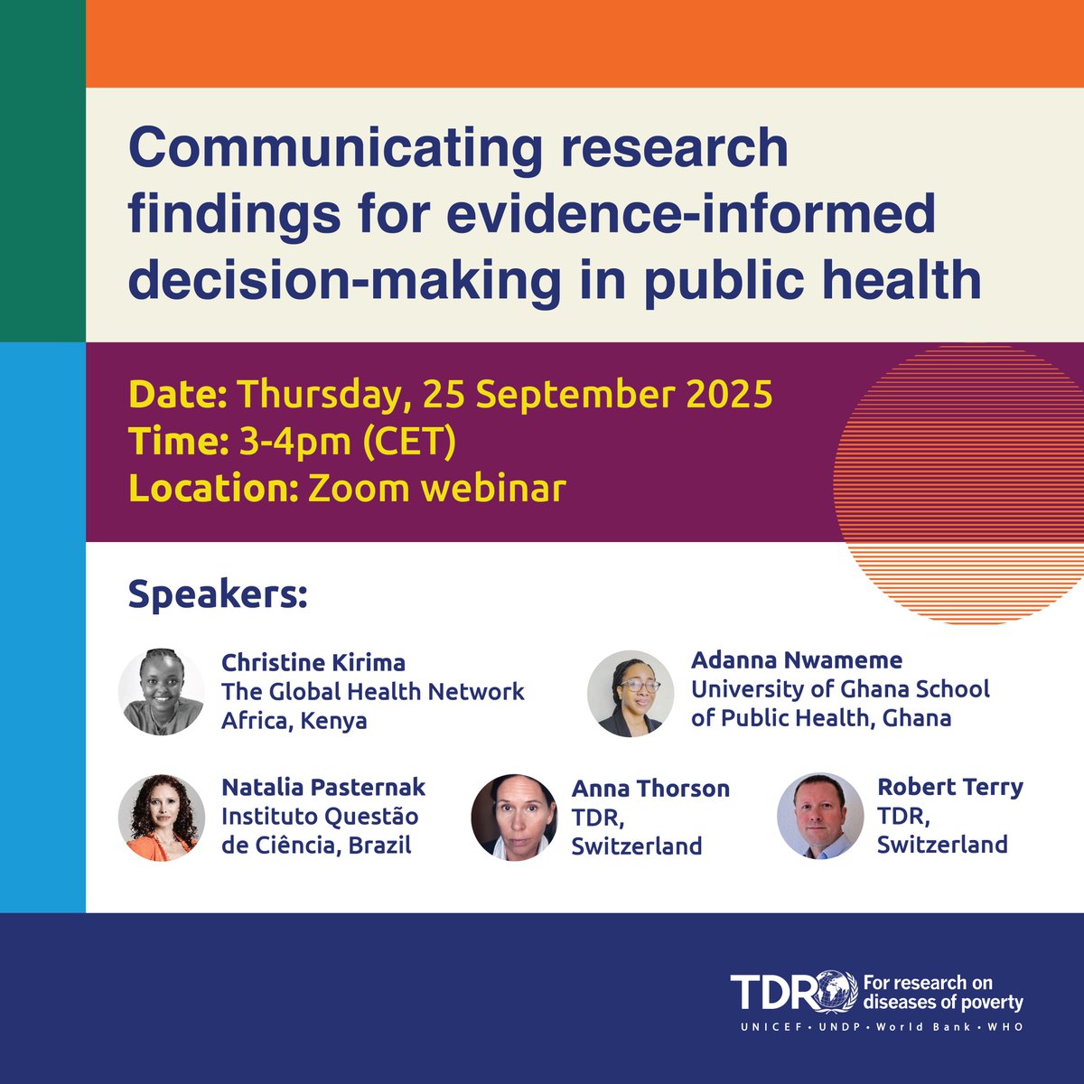 Coming up later this week!
🗓️ Webinar invitation 🎓 🎯 
Are you a health researcher, programme implementer or frontline health professional looking to turn your research findings into real-world action?
 
Register for a webinar on research communication: 
who.zoom.us/webinar/regist…