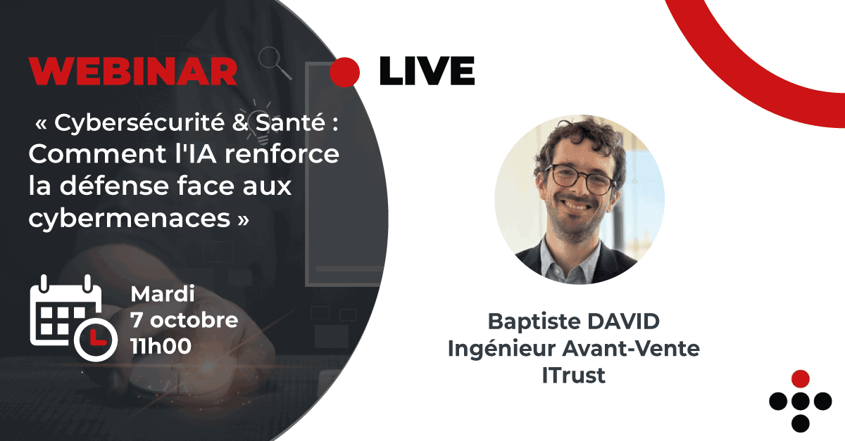 [ 𝗪𝗲𝗯𝗶𝗻𝗮𝗿🧑‍💻I Cybersécurité &amp; Santé : comment l'IA renforce la défense face aux cybermenaces ] 

📅 Mardi 7 octobre
🕙 11h00
👉 Inscription : app.livestorm.co/itrust/cyberse…

86% des incidents cyber recensés visent la santé (<a href="/ANSSI_FR/">ANSSI</a> )

#IA #santé #webinar #Cybersécurité