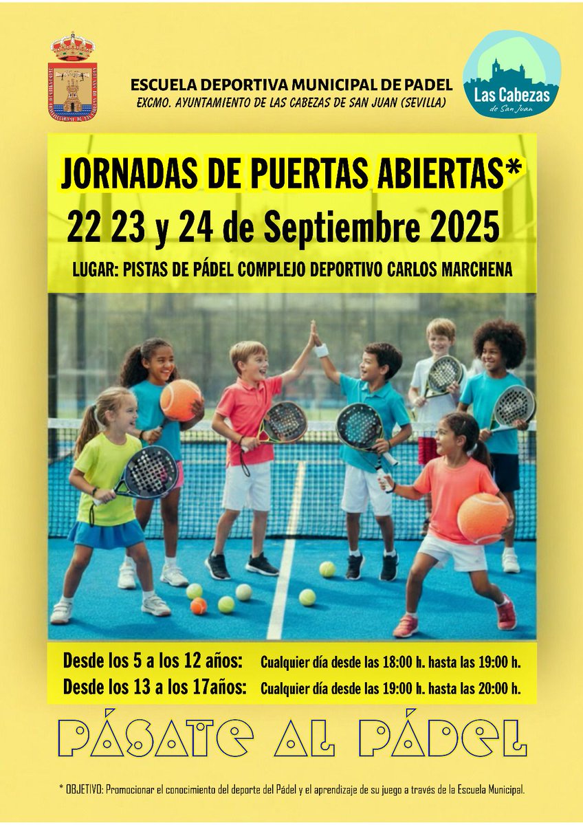 🥎ESCUELA DEPORTIVA PÁDEL🥎

👦👧🏻Para niños y niñas de 5 a 17 años

➡️JORNADAS DE PUERTAS ABIERTAS⬅️

📆Días 22, 23 y 24 de septiembre