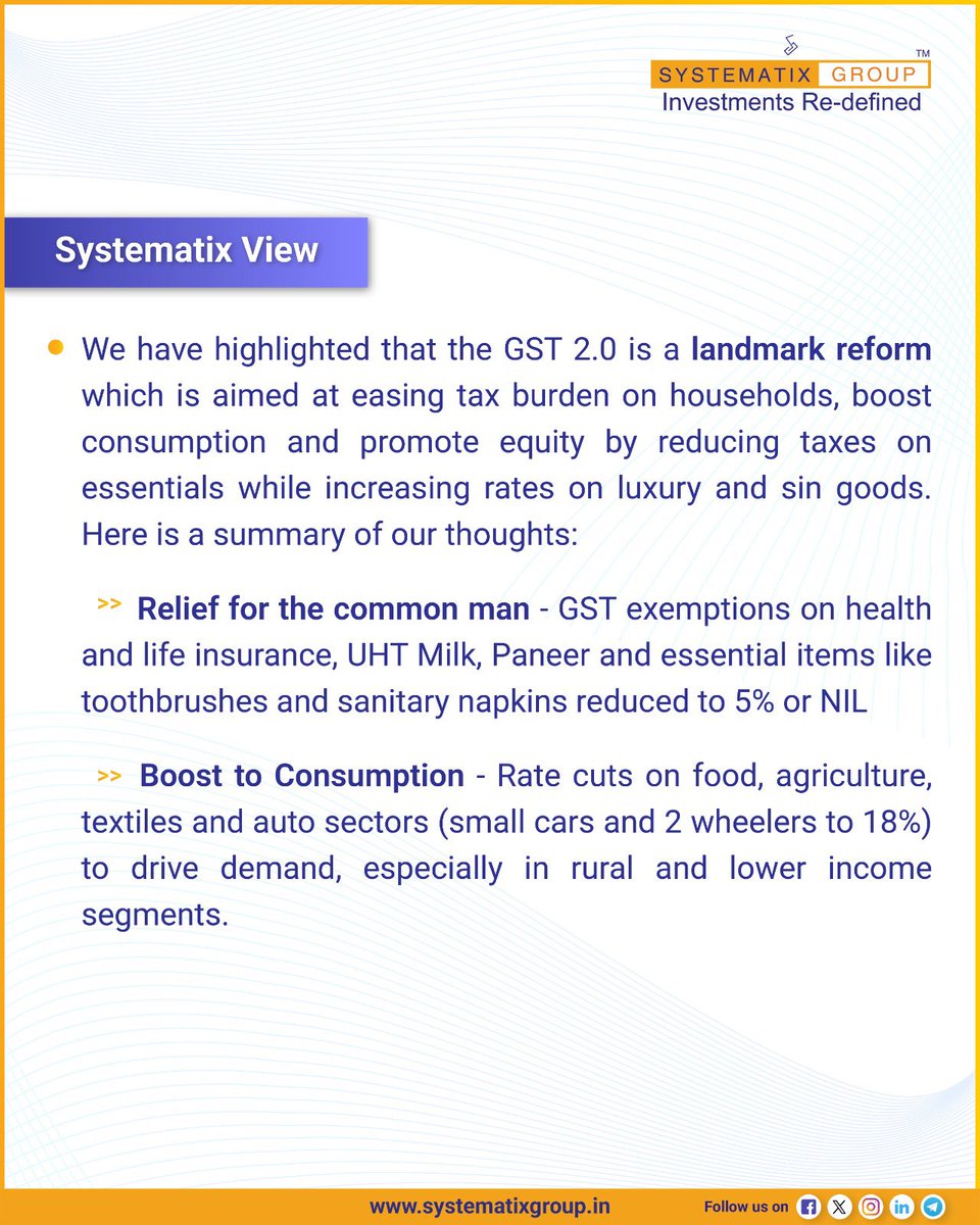 SystematixGrp's tweet photo. As India celebrates GST Bachat Utsav, GST 2.0 promises tax relief, stronger consumption, and a boost to ‘Make in India’. A festive start to economic transformation.

Our MD, @NikhilSysgroup shares his insights on the GST announcements and its impact on the Indian economy.

#GST #GST2 #EconomicReforms #IndiaGrowth #TaxReforms #IndianEconomy #MSME #MakeInIndia #BachatUtsav #SystematixInsights #LeadershipPerspective #MDsDesk